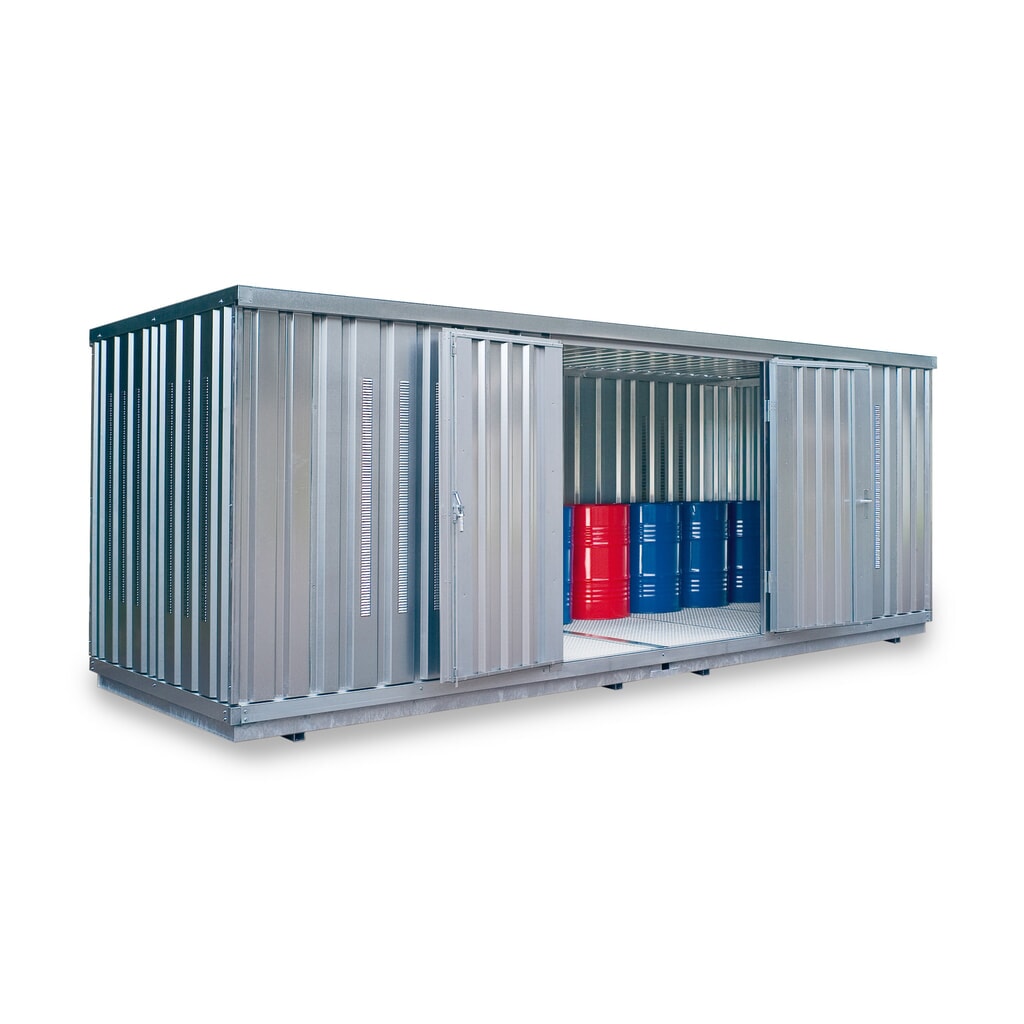 Produktabbildung: SAFE Tank Gefahrstoffcontainer 1900 PLG, Außenaufstellung, verzinkt, montiert, Maße außen 6080x2170x2310 mm, Doppelflügeltür (asymmetrische Teilung), mittig in 6 m Seite, Lagerfläche 12 m²