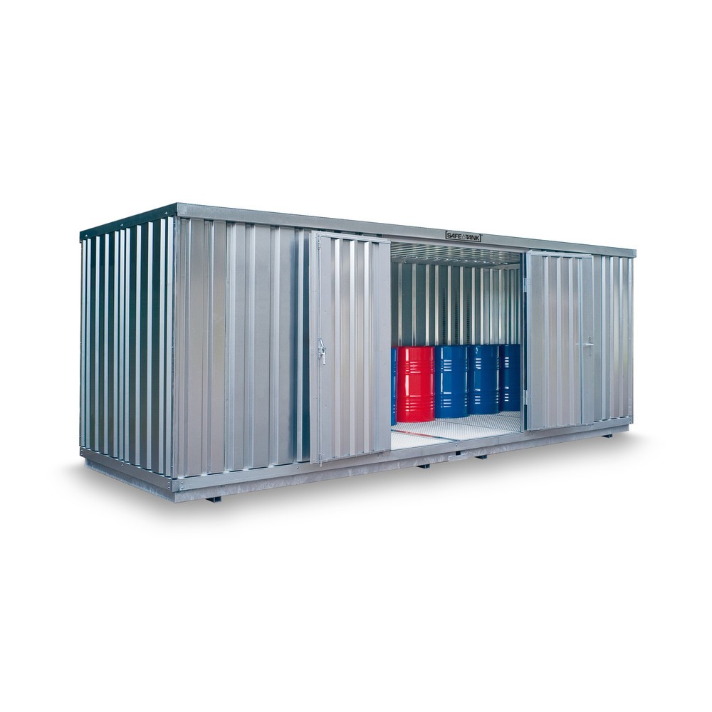 Produktabbildung: SAFE Tank Gefahrstoffcontainer 1900 WGK, verzinkt, montiert, Innen- und Außenaufstellung, Maße außen 6080x2170x2310 mm, Doppelflügeltür (asymmetrische Teilung), mittig in 6 m Seite, Lagerfläche 12 m²