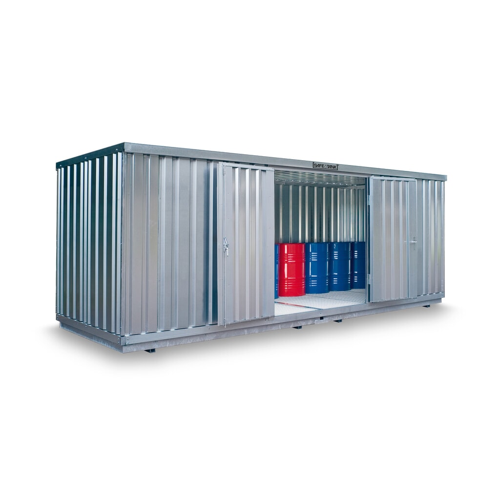Produktabbildung: SAFE Tank Gefahrstoffcontainer 1700 WGK, verzinkt, montiert, Innen- und Außenaufstellung, Maße außen 5080x2170x2300 mm, Doppelflügeltür (asymmetrische Teilung), mittig in Breitseite, Lagerfläche 10 m²