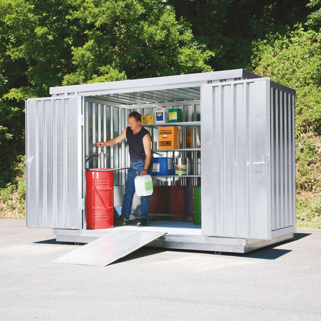 Produktabbildung: SAFE Tank Gefahrstoffcontainer 1000 PLG, Außenaufstellung, verzinkt, montiert, Maße außen 3050x2170x2300 mm, Einzelflügeltür, mittig in 3 m Seite, Lagerfläche 6 m²