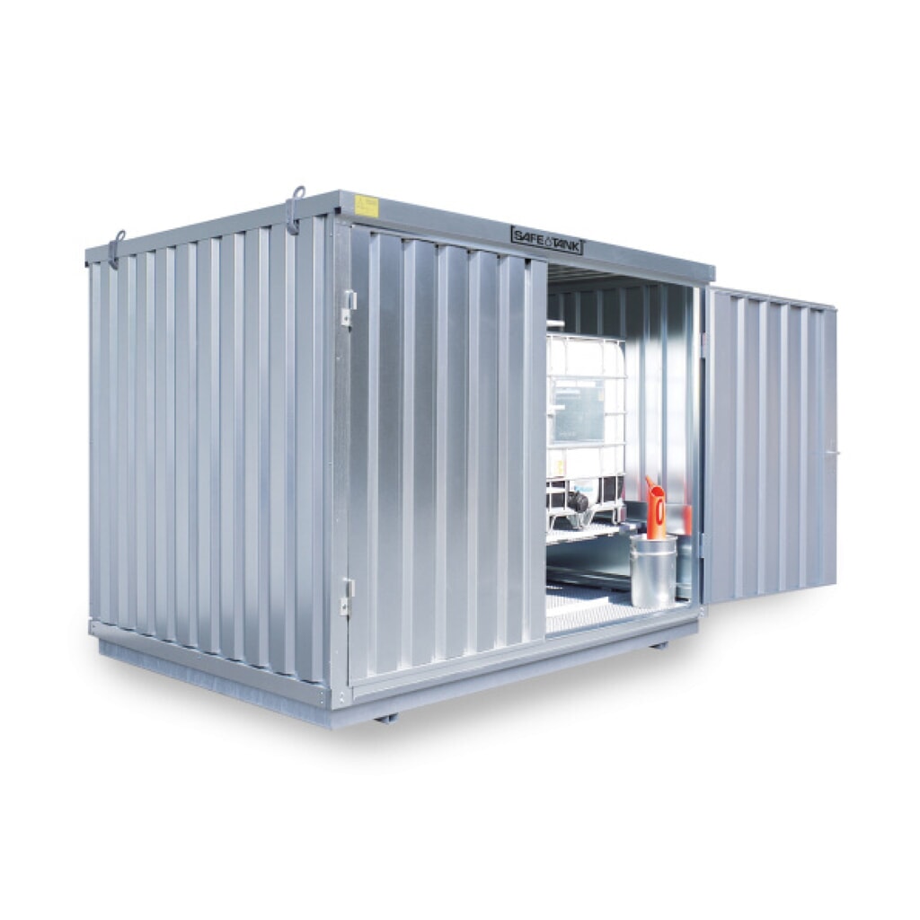 Produktabbildung: SAFE Tank Gefahrstoffcontainer 1350 WGK, verzinkt, montiert, Innen- und Außenaufstellung, Maße außen 4050x2170x2300 mm, Einzelflügeltür, mittig in Breitseite, Lagerfläche 8 m²