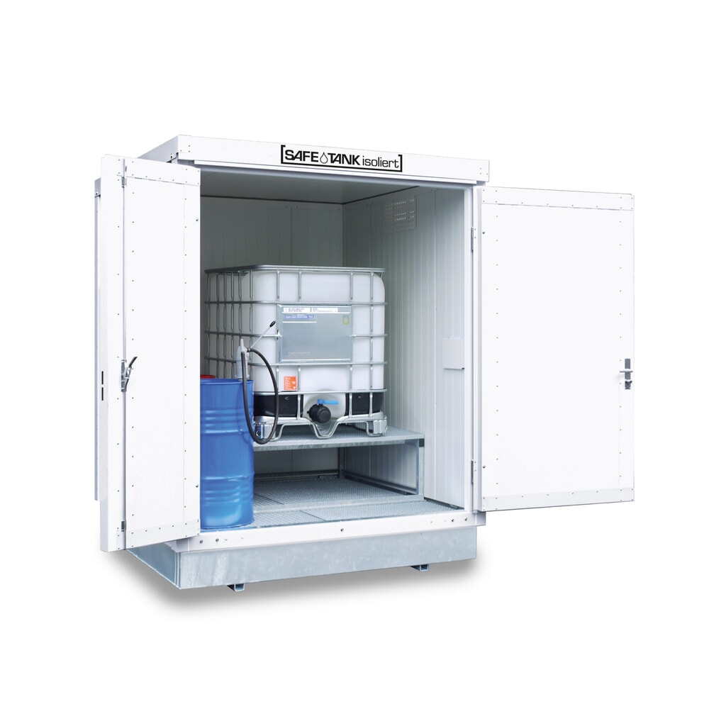 SAFE Tank Gefahrstoffcontainer 400 KTC WGK, isoliert, montiert, kunststoffbeschichtet RAL 9002, Maße außen 2100x2170x2650 mm, Doppelflügeltür (asymmetrische Teilung), mittig in Stirnseite, Lagerfläche 4 m² Produktabbildung: SAFE Tank Gefahrstoffcontainer 400 KTC WGK, isoliert, montiert, kunststoffbeschichtet RAL 9002, Maße außen 2100x2170x2650 mm, Doppelflügeltür (asymmetrische Teilung), mittig in Stirnseite, Lagerfläche 4 m²