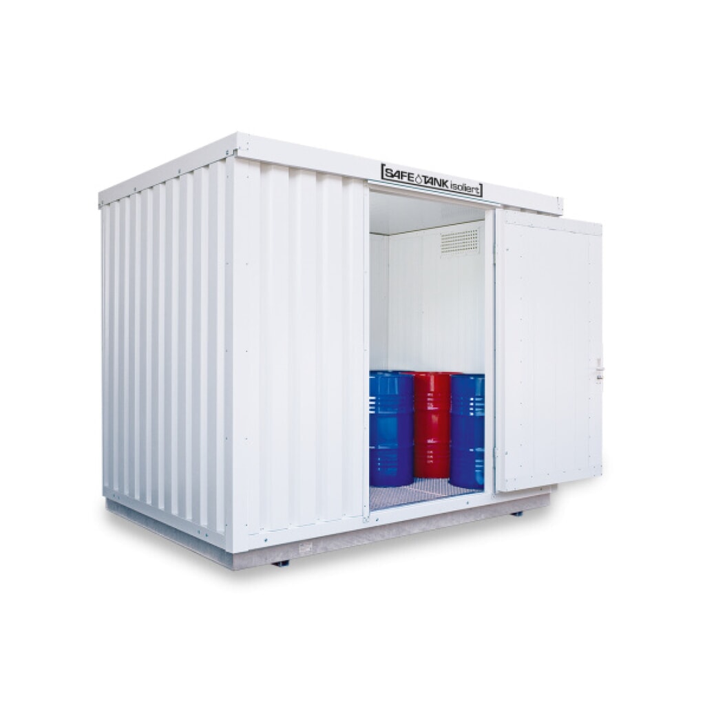 SAFE Tank Gefahrstoffcontainer 1000 WGK, isoliert, montiert, kunststoffbeschichtet RAL 9002, Maße außen 3050x2170x2520 mm, Einzelflügeltür, mittig in Breitseite, Lagerfläche 5 m² Produktabbildung: SAFE Tank Gefahrstoffcontainer 1000 WGK, isoliert, montiert, kunststoffbeschichtet RAL 9002, Maße außen 3050x2170x2520 mm, Einzelflügeltür, mittig in Breitseite, Lagerfläche 5 m²