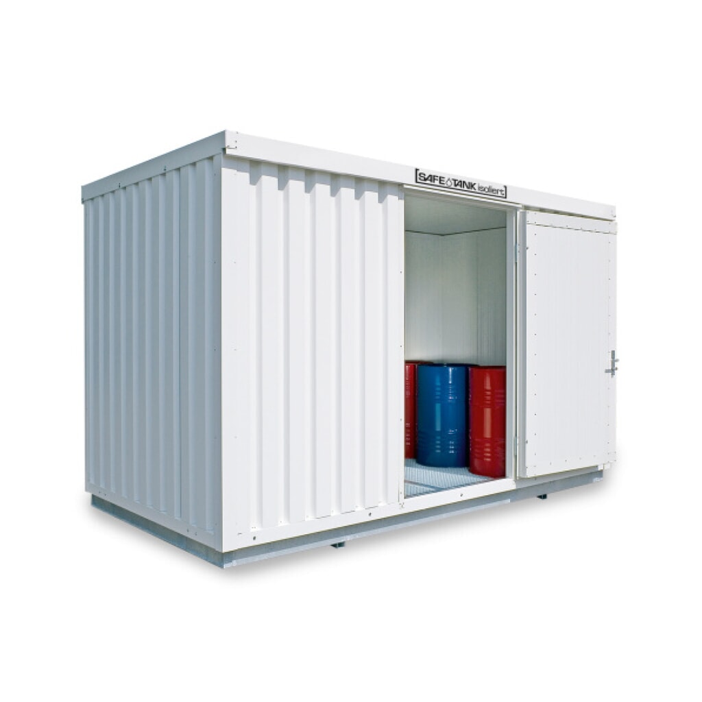 SAFE Tank Gefahrstoffcontainer 1350 WGK, isoliert, montiert, kunststoffbeschichtet RAL 9002, Maße außen 4050x2170x2520 mm, Einzelflügeltür. mittig in Breitseite, Lagerfläche 7 m² Produktabbildung: SAFE Tank Gefahrstoffcontainer 1350 WGK, isoliert, montiert, kunststoffbeschichtet RAL 9002, Maße außen 4050x2170x2520 mm, Einzelflügeltür. mittig in Breitseite, Lagerfläche 7 m²