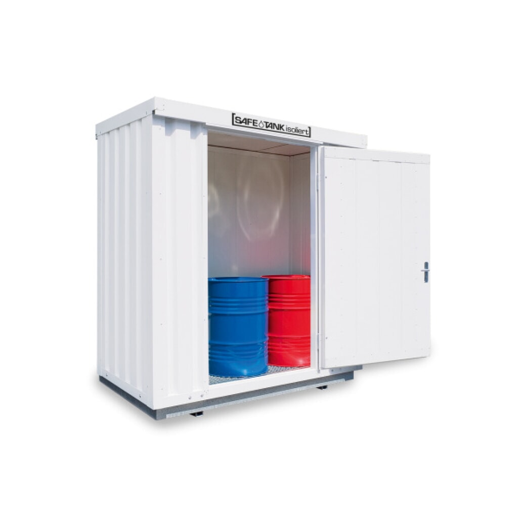 SAFE Tank Gefahrstoffcontainer 300 WGK, isoliert, montiert, kunststoffbeschichtet RAL 9002, Maße außen 2100x1140x2520 mm, Einzelflügeltür, mittig in Breitseite, Lagerfläche 2 m² Produktabbildung: SAFE Tank Gefahrstoffcontainer 300 WGK, isoliert, montiert, kunststoffbeschichtet RAL 9002, Maße außen 2100x1140x2520 mm, Einzelflügeltür, mittig in Breitseite, Lagerfläche 2 m²