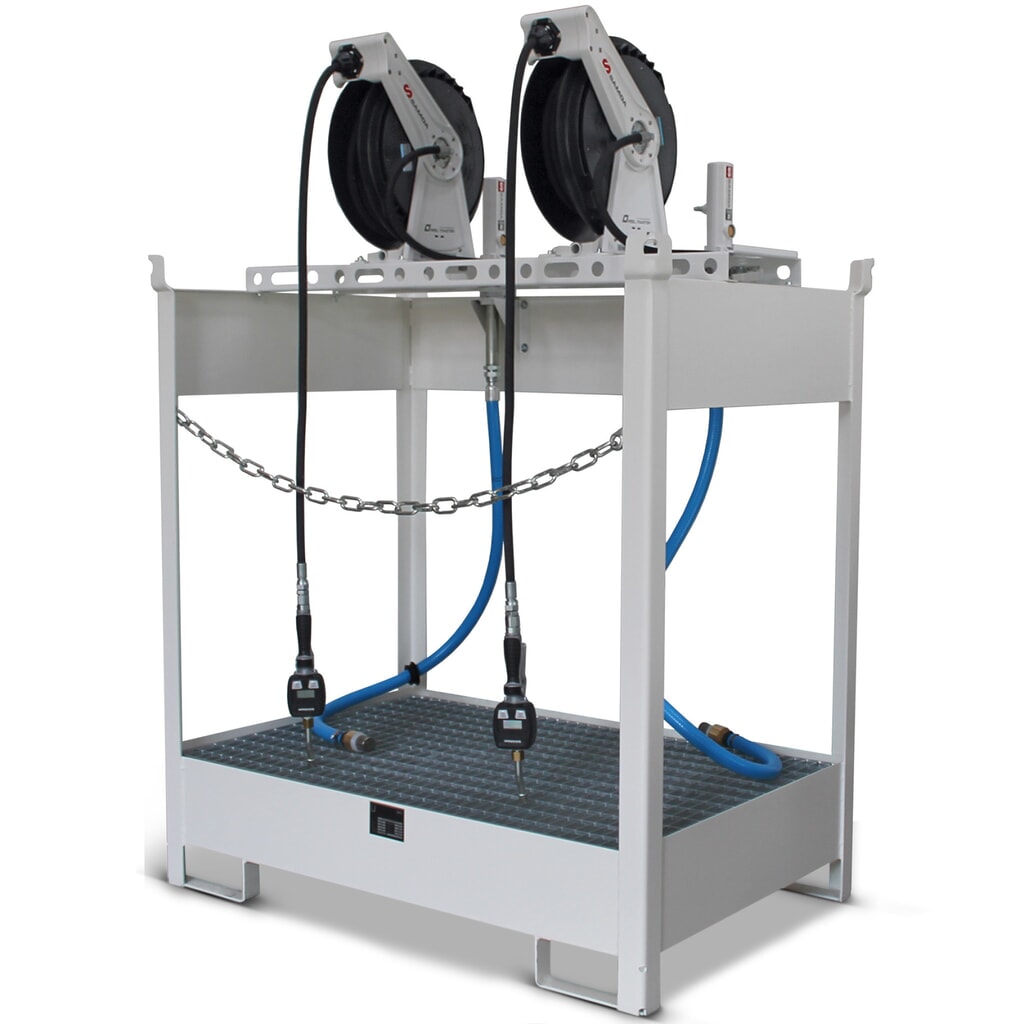 Produktabbildung: SAMOA 22 DPFrischöl-Insel, für 2 Fässer à 60 l oder 2 Fässer à 200 l, inkl. Auffangwanne, 2 Pneumatikpumpen, 2 offenen Schlauchaufrollern und 2 Füllpistolen mit Elektronikzähler