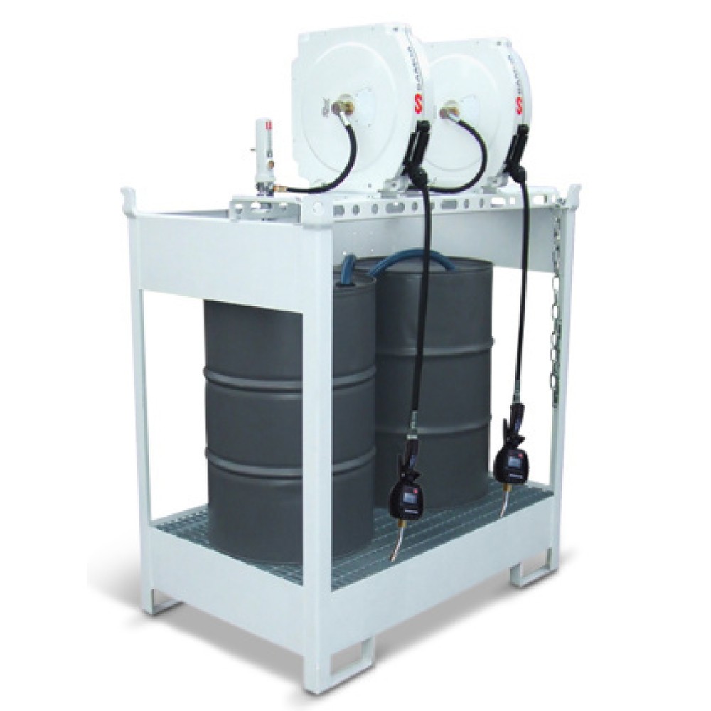 Produktabbildung: Frischöl-Insel für SAMOA-HALLBAUER 22 DP 2 Fässer à 60 l oder 2 Fässer à 200 l, inkl. Auffangwanne, 2 Pneumatikpumpen, 2 geschlossenen Schlauchaufrollern und 2 Füllpistolen mit Elektronikzähler