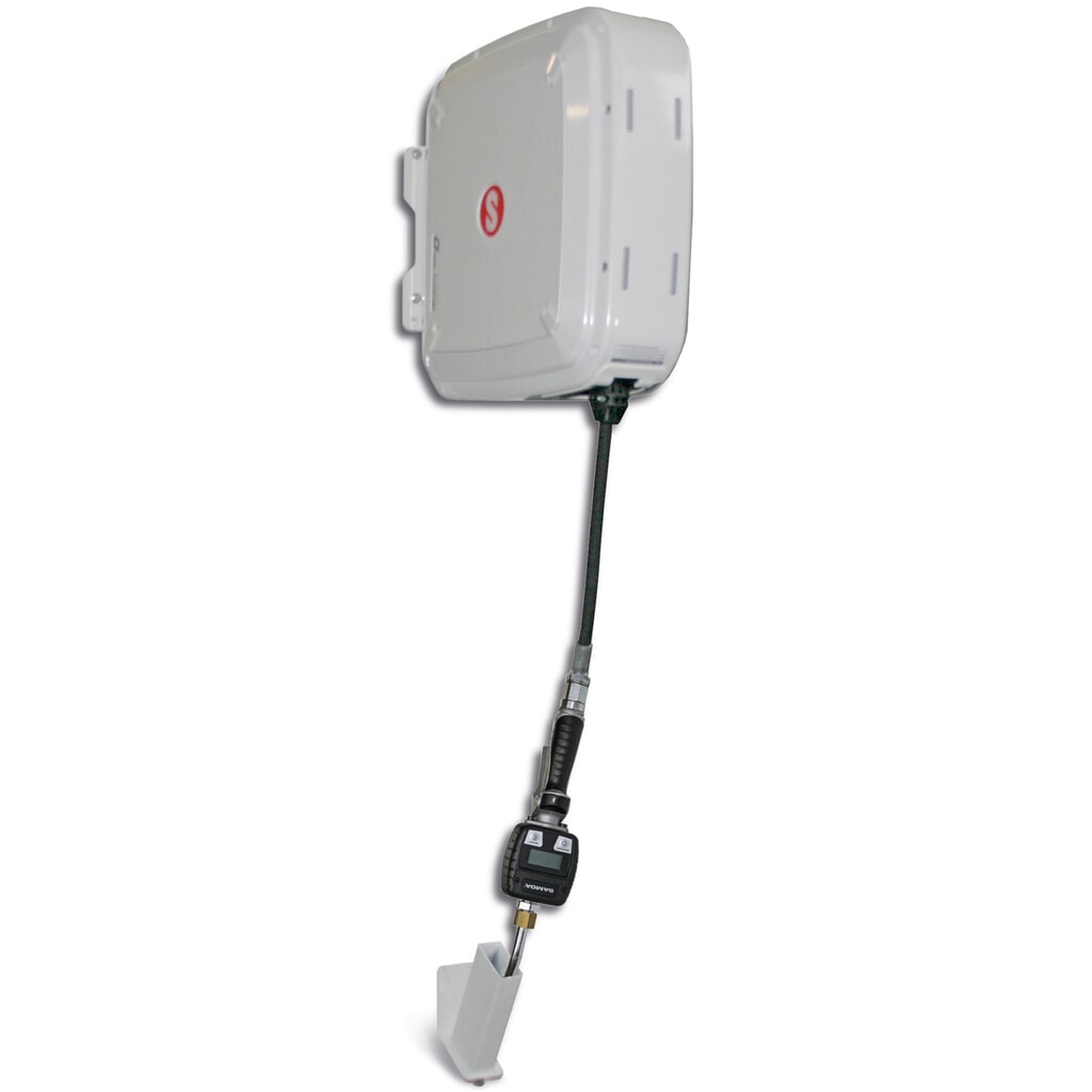 SAMOA Schlauchaufroller, geschlossen, mit Elektronik-Handdurchlaufzähler, Schlauchlänge 10 m, Gewinde 1/2" Produktabbildung: SAMOA Schlauchaufroller, geschlossen, mit Elektronik-Handdurchlaufzähler, Schlauchlänge 10 m, Gewinde 1/2"