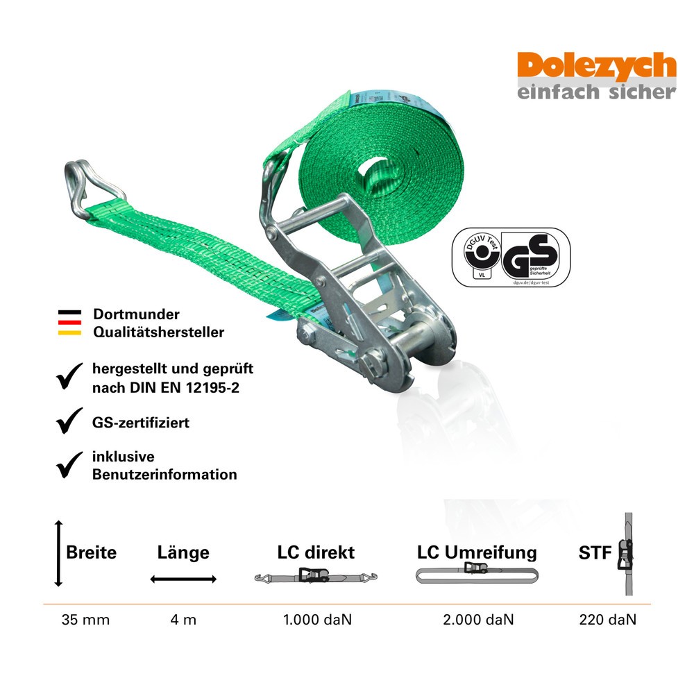 N° de l'image du produit 4 : Sangle d'arrimage Dolezych DoZurr 2000, avec cliquet à pression et crochet profilé, longueur 4 m