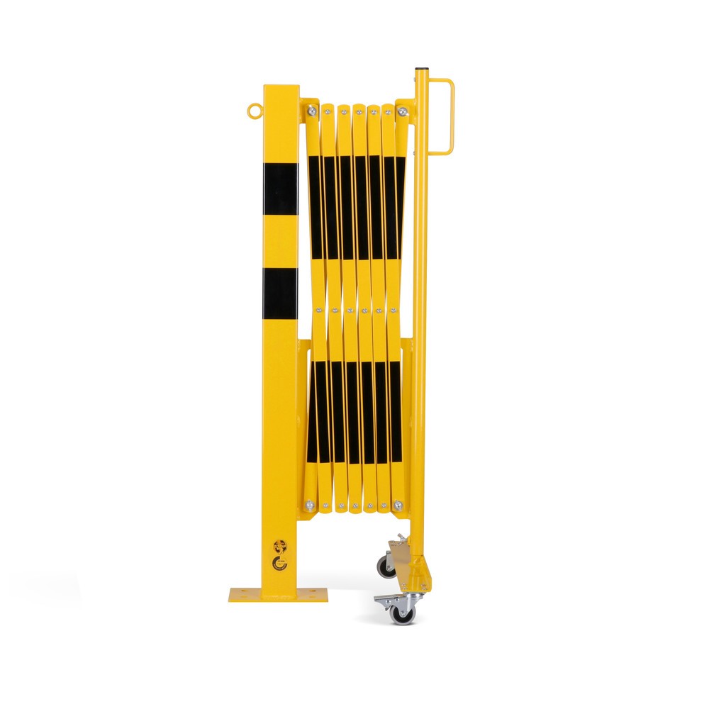 Product afbeelding: Schaarhek dancop, 1 paal op wieltjes, 1 afzetpaal, breedte 3600 mm, geel/zwart