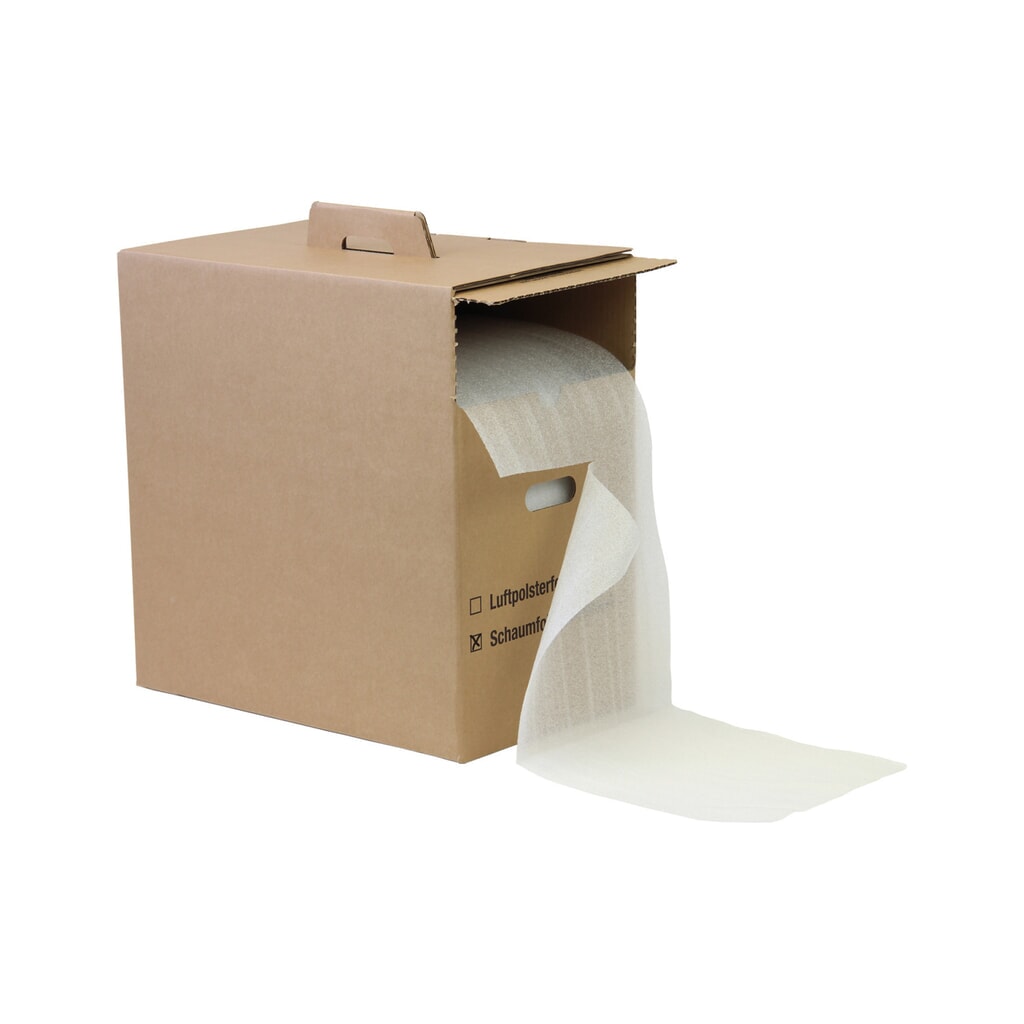 Schaumfolie im Spendekarton, 285 mm breit x 100 lfm. Produktabbildung: Schaumfolie im Spendekarton, 285 mm breit x 100 lfm.