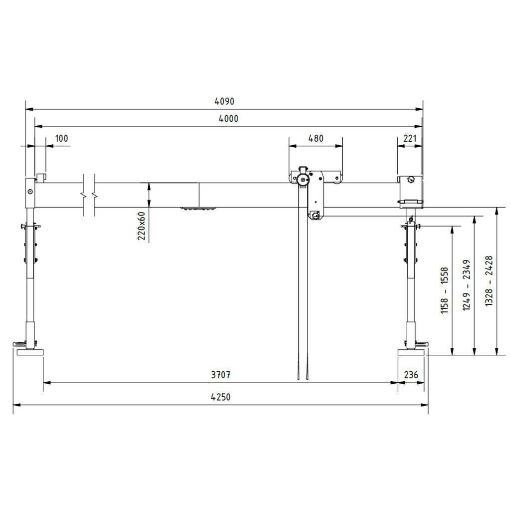 SCHILLING Alu-Portalkran mit teilbarem Träger, Einhängepunkt 1.249-2.349 mm, Länge 4.000 mm, TK 500 kg Produktabbildung Nr. 2: SCHILLING Alu-Portalkran mit teilbarem Träger, Einhängepunkt 1.249-2.349 mm, Länge 4.000 mm, TK 500 kg