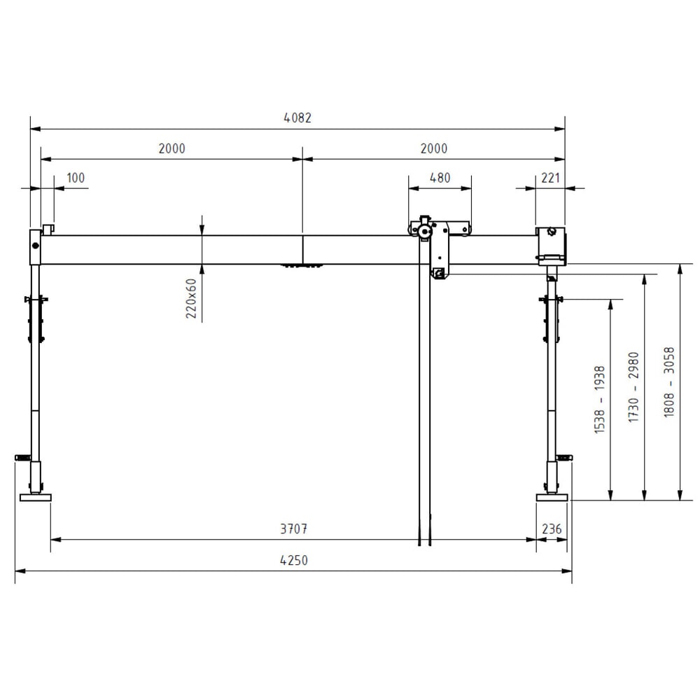 Produktabbildung Nr. 2: SCHILLING Alu-Portalkran mit teilbarem Träger, Einhängepunkt 1.730-2.980 mm, Länge 4.000 mm, TK 500 kg