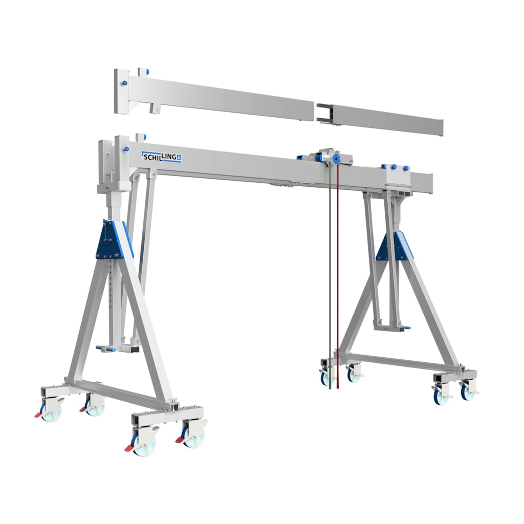 SCHILLING Alu-Portalkran mit teilbarem Doppelträger, verfahrbar, Einhängepunkt 2613-3363 mm, Länge 7000 mm, TK 1500 kg Produktabbildung: SCHILLING Alu-Portalkran mit teilbarem Doppelträger, verfahrbar, Einhängepunkt 2613-3363 mm, Länge 7000 mm, TK 1500 kg