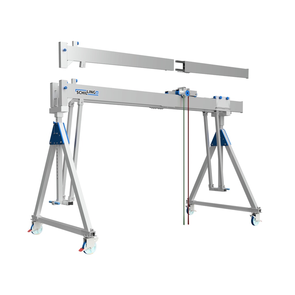 SCHILLING Alu-Portalkran mit teilbarem Doppelträger, verfahrbar, Einhängepunkt 2055-2405 mm, Länge 4000 mm, TK 1000 kg Produktabbildung Nr. 1: SCHILLING Alu-Portalkran mit teilbarem Doppelträger, verfahrbar, Einhängepunkt 2055-2405 mm, Länge 4000 mm, TK 1000 kg