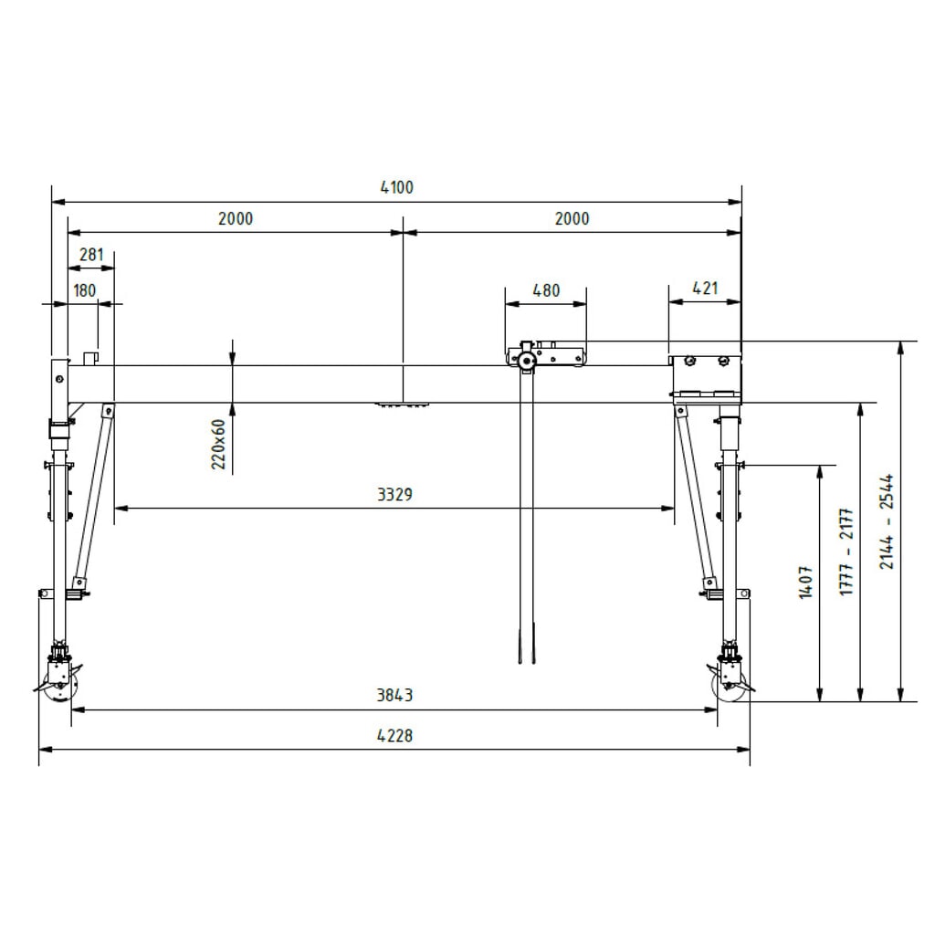SCHILLING Alu-Portalkran mit teilbarem Doppelträger, verfahrbar, Einhängepunkt 2055-2405 mm, Länge 4000 mm, TK 1000 kg Produktabbildung Nr. 3: SCHILLING Alu-Portalkran mit teilbarem Doppelträger, verfahrbar, Einhängepunkt 2055-2405 mm, Länge 4000 mm, TK 1000 kg