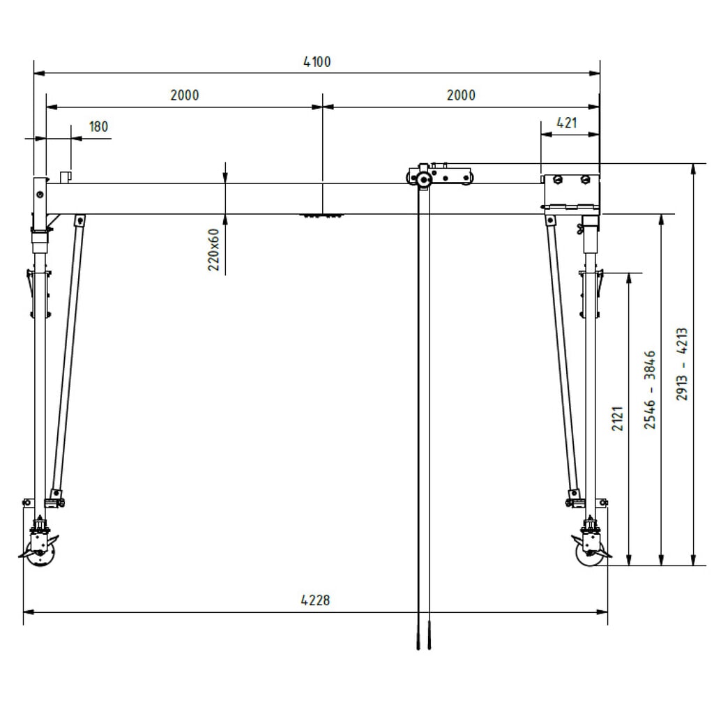 SCHILLING Alu-Portalkran mit teilbarem Doppelträger, verfahrbar, Einhängepunkt 2924-4074 mm, Länge 4000 mm, TK 1000 kg Produktabbildung Nr. 2: SCHILLING Alu-Portalkran mit teilbarem Doppelträger, verfahrbar, Einhängepunkt 2924-4074 mm, Länge 4000 mm, TK 1000 kg