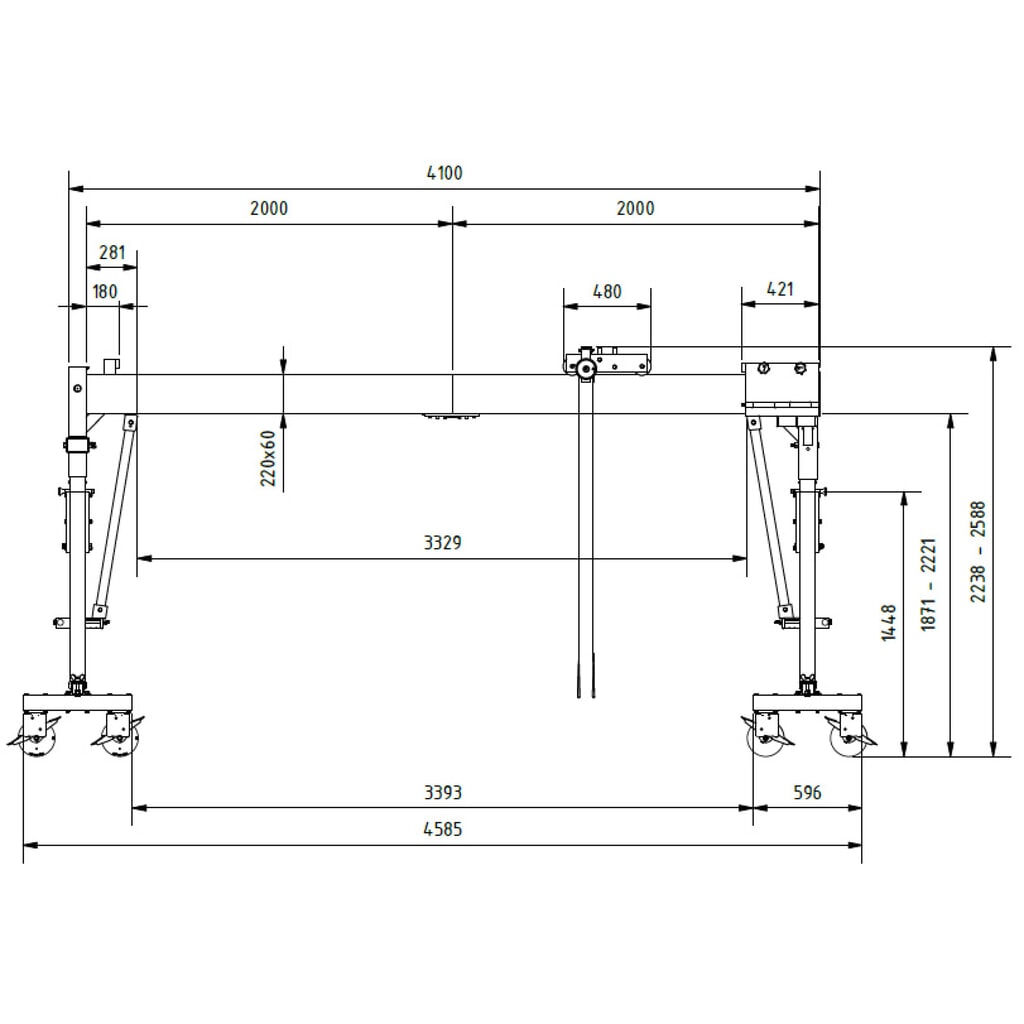 Produktabbildung Nr. 2: SCHILLING Alu-Portalkran mit teilbarem Doppelträger, verfahrbar, Einhängepunkt 2135-2485 mm, Länge 4000 mm, TK 3000 kg