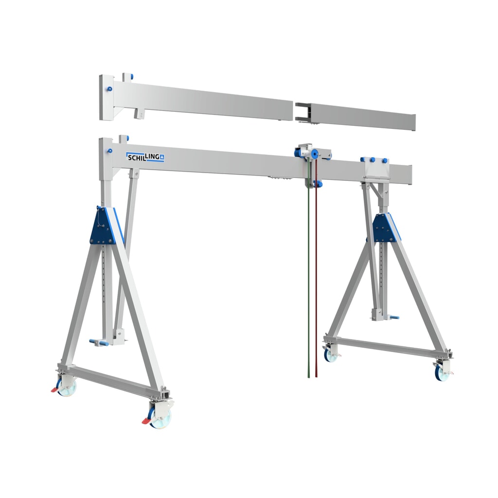 SCHILLING Alu-Portalkran mit teilbarem Träger, verfahrbar, Einhängepunkt 1.699-2.099 mm, Länge 4.000 mm, TK 1.000 kg Produktabbildung Nr. 1: SCHILLING Alu-Portalkran mit teilbarem Träger, verfahrbar, Einhängepunkt 1.699-2.099 mm, Länge 4.000 mm, TK 1.000 kg