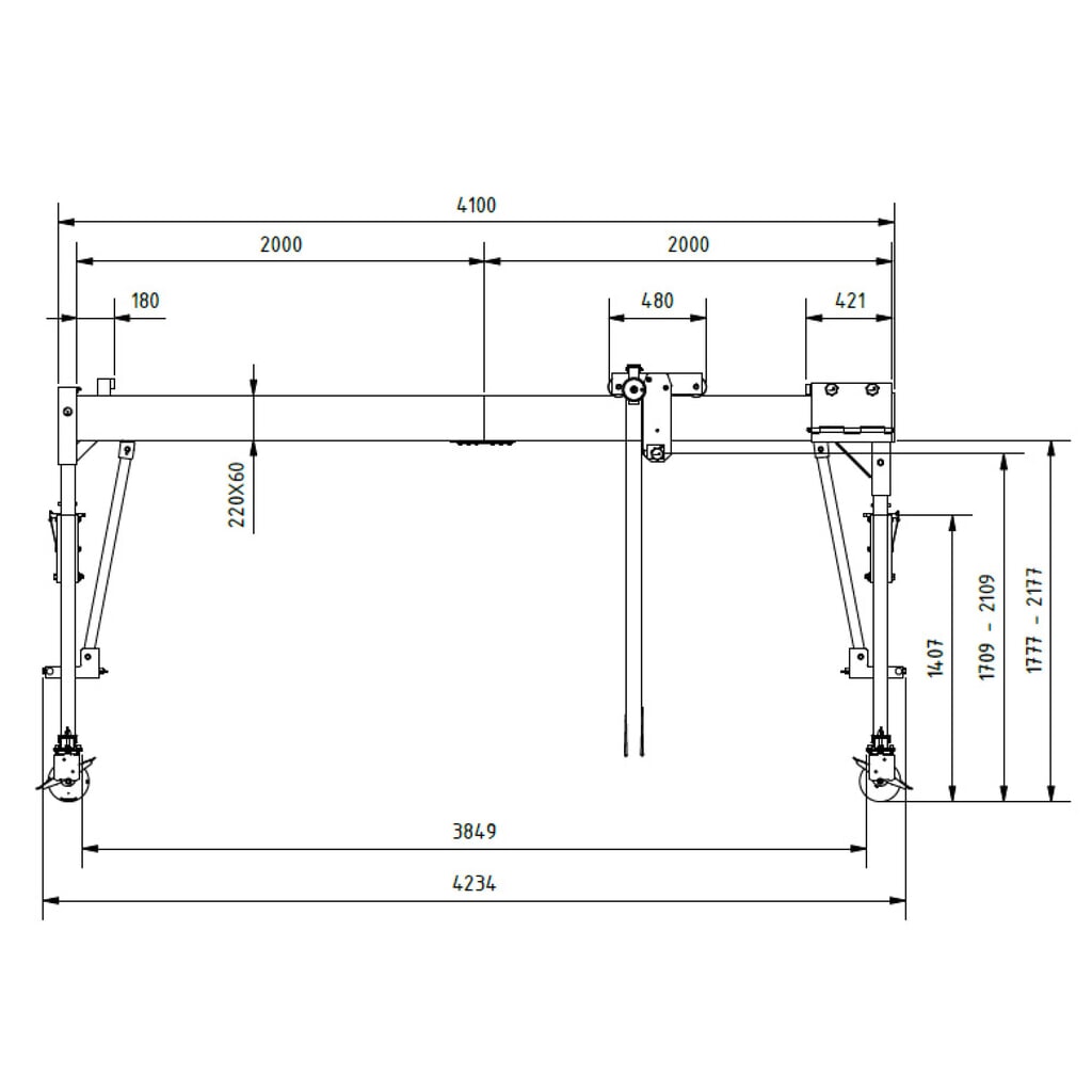 SCHILLING Alu-Portalkran mit teilbarem Träger, verfahrbar, Einhängepunkt 1.699-2.099 mm, Länge 4.000 mm, TK 1.000 kg Produktabbildung Nr. 2: SCHILLING Alu-Portalkran mit teilbarem Träger, verfahrbar, Einhängepunkt 1.699-2.099 mm, Länge 4.000 mm, TK 1.000 kg
