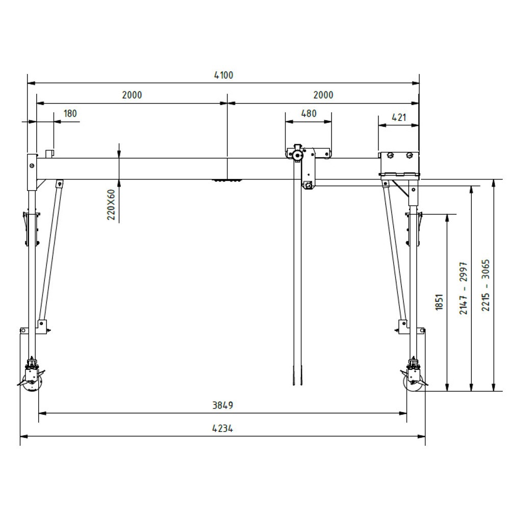 Produktabbildung Nr. 3: SCHILLING Alu-Portalkran mit teilbarem Träger, verfahrbar, Einhängepunkt 2.137-2.987 mm, Länge 4.000 mm, TK 1.000 kg