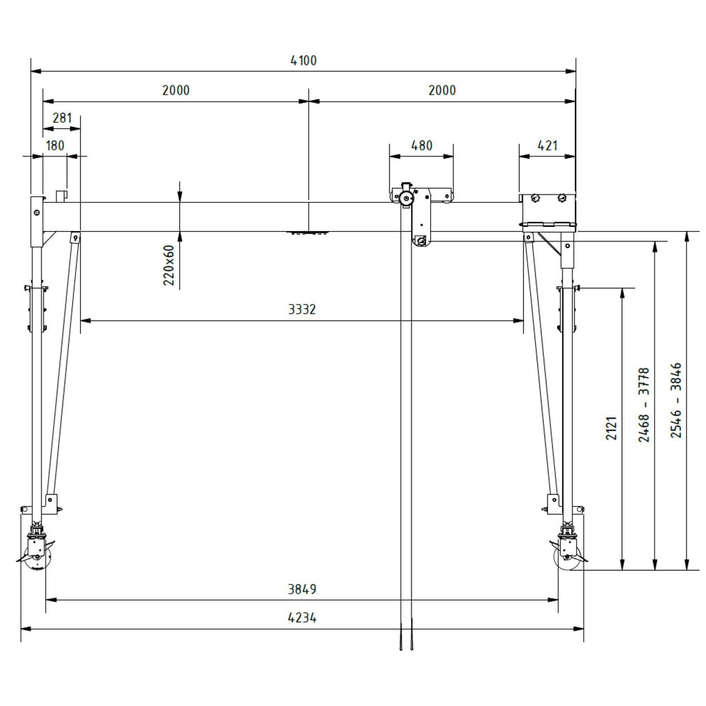 SCHILLING Alu-Portalkran mit teilbarem Träger, verfahrbar, Einhängepunkt 2.468-3.768 mm, Länge 4.000 mm, TK 500 kg Produktabbildung Nr. 3: SCHILLING Alu-Portalkran mit teilbarem Träger, verfahrbar, Einhängepunkt 2.468-3.768 mm, Länge 4.000 mm, TK 500 kg