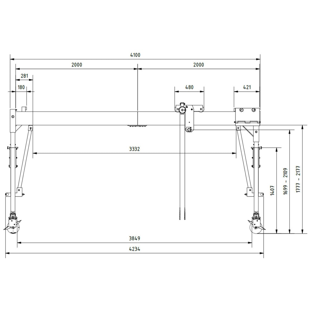 Produktabbildung Nr. 3: SCHILLING Alu-Portalkran mit teilbarem Träger, verfahrbar, Einhängepunkt 1.699-2.099 mm, Länge 4.000 mm, TK 500 kg