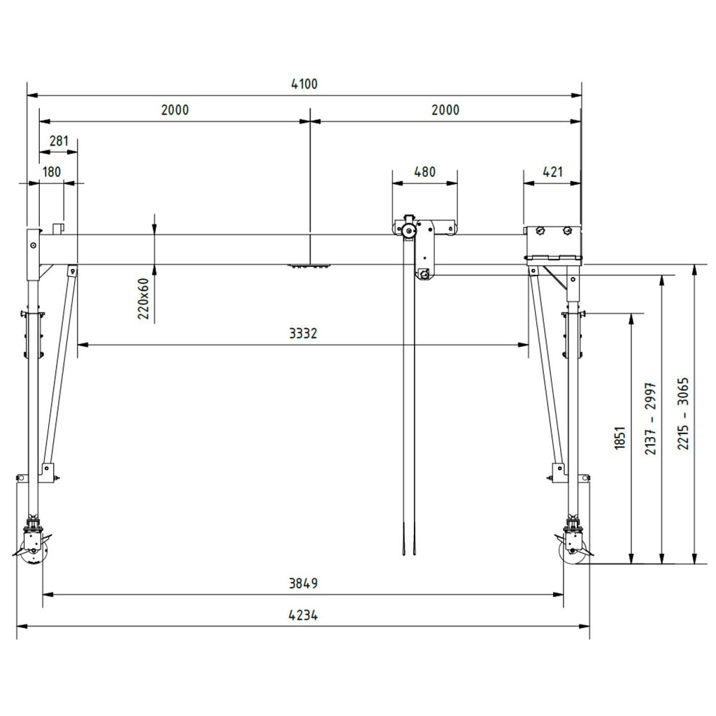 Produktabbildung Nr. 3: SCHILLING Alu-Portalkran mit teilbarem Träger, verfahrbar, Einhängepunkt 2.137-2.987 mm, Länge 4.000 mm, TK 500 kg