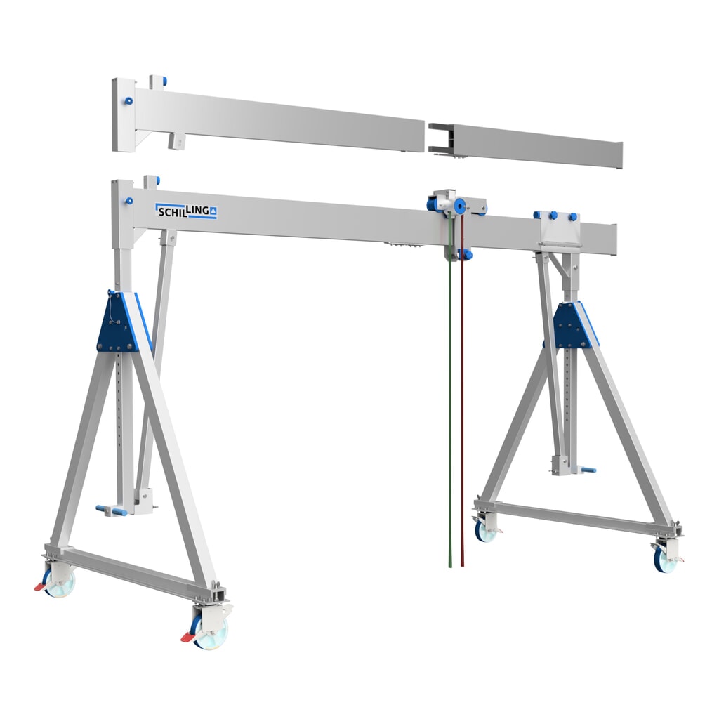 SCHILLING Alu-Portalkran mit teilbarem Träger, verfahrbar, Einhängepunkt 2.137-2.987 mm, Länge 4.000 mm, TK 500 kg Produktabbildung: SCHILLING Alu-Portalkran mit teilbarem Träger, verfahrbar, Einhängepunkt 2.137-2.987 mm, Länge 4.000 mm, TK 500 kg
