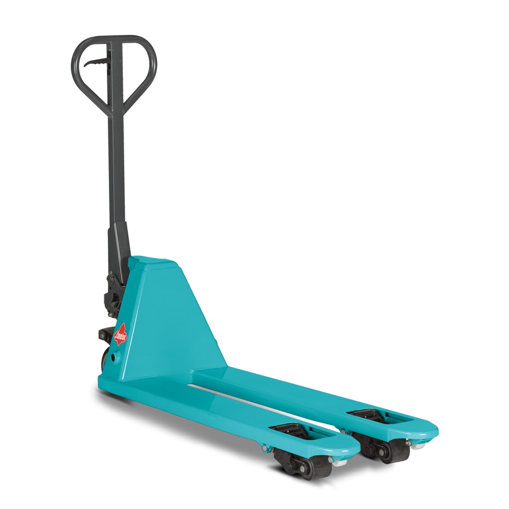 Produktabbildung: B-Ware Handhubwagen Ameise® extraschmal, GL 1.150 mm, Vollgummi/Polyurethan, Tandemrollen, RAL 5018 türkisblau