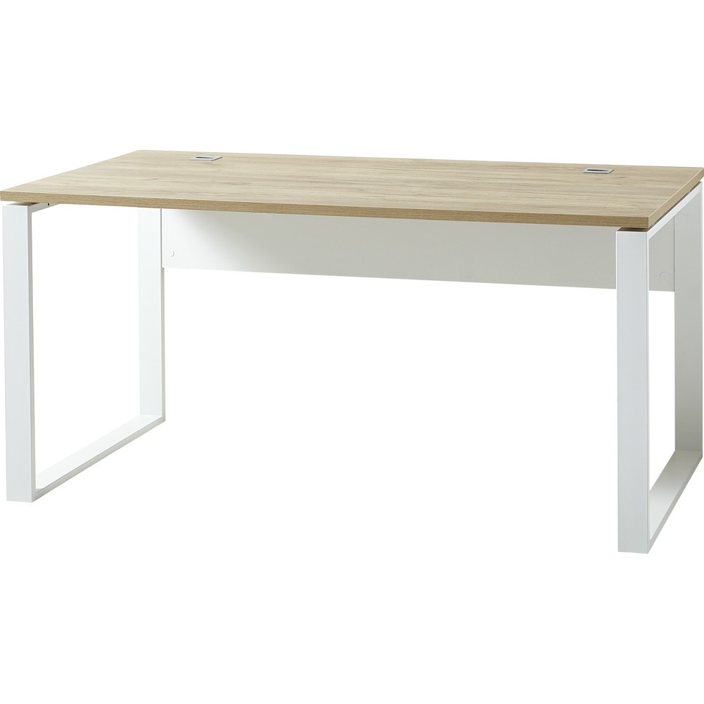 Produktabbildung: Schreibtisch LIONI, mit Metallkufen, 1.170 x 1.200 mm, Weiß/Navarra-Eiche-Nb.