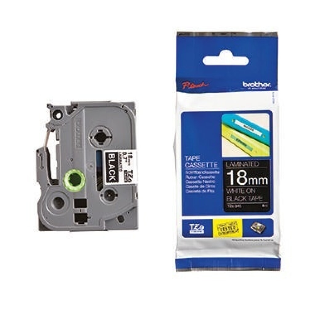 P-touch Schriftbandkassette TZE345 18mmx8m laminiert ws auf sw Produktabbildung: P-touch Schriftbandkassette TZE345 18mmx8m laminiert ws auf sw