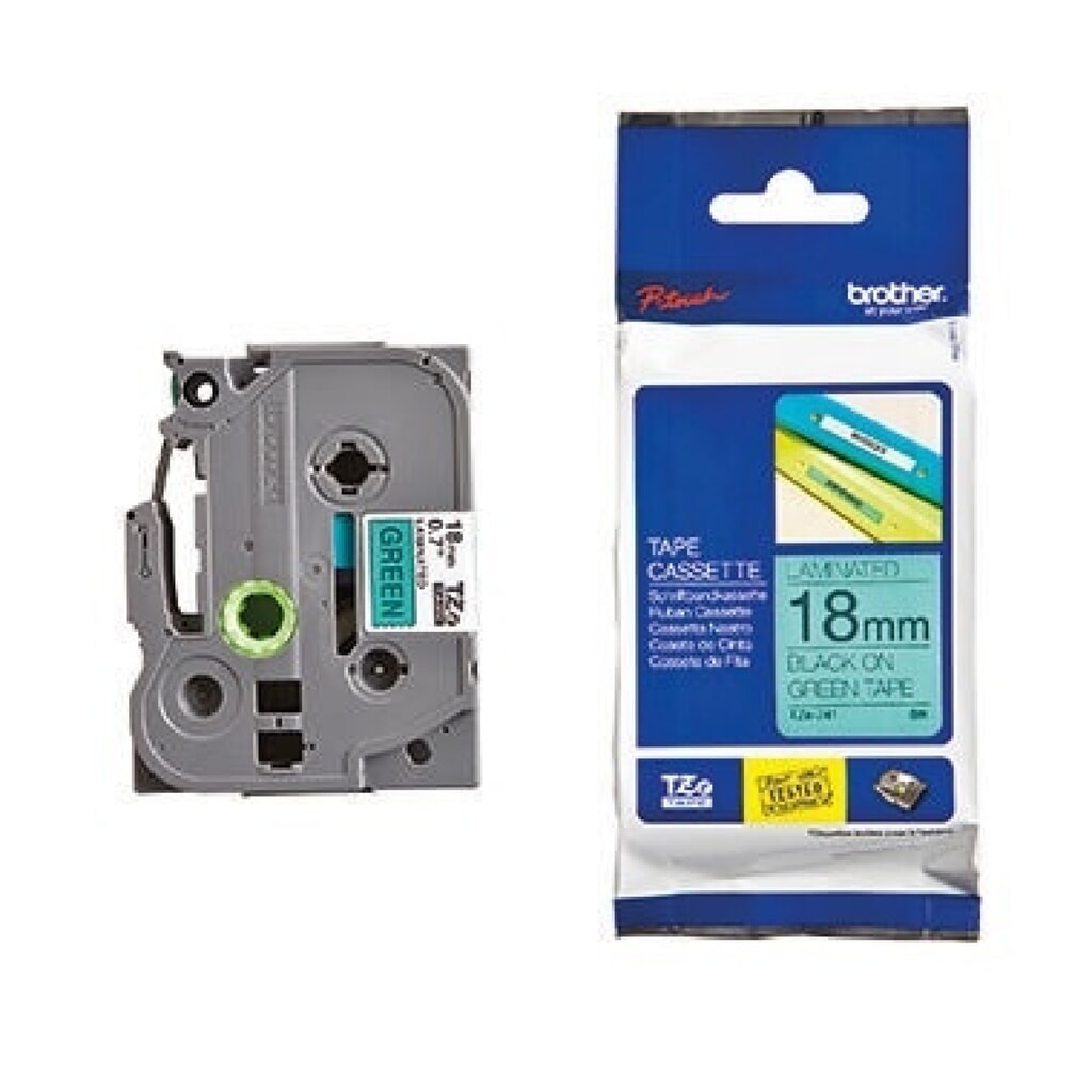P-touch Schriftbandkassette TZE741 18mmx8m laminiert sw auf gn Produktabbildung: P-touch Schriftbandkassette TZE741 18mmx8m laminiert sw auf gn