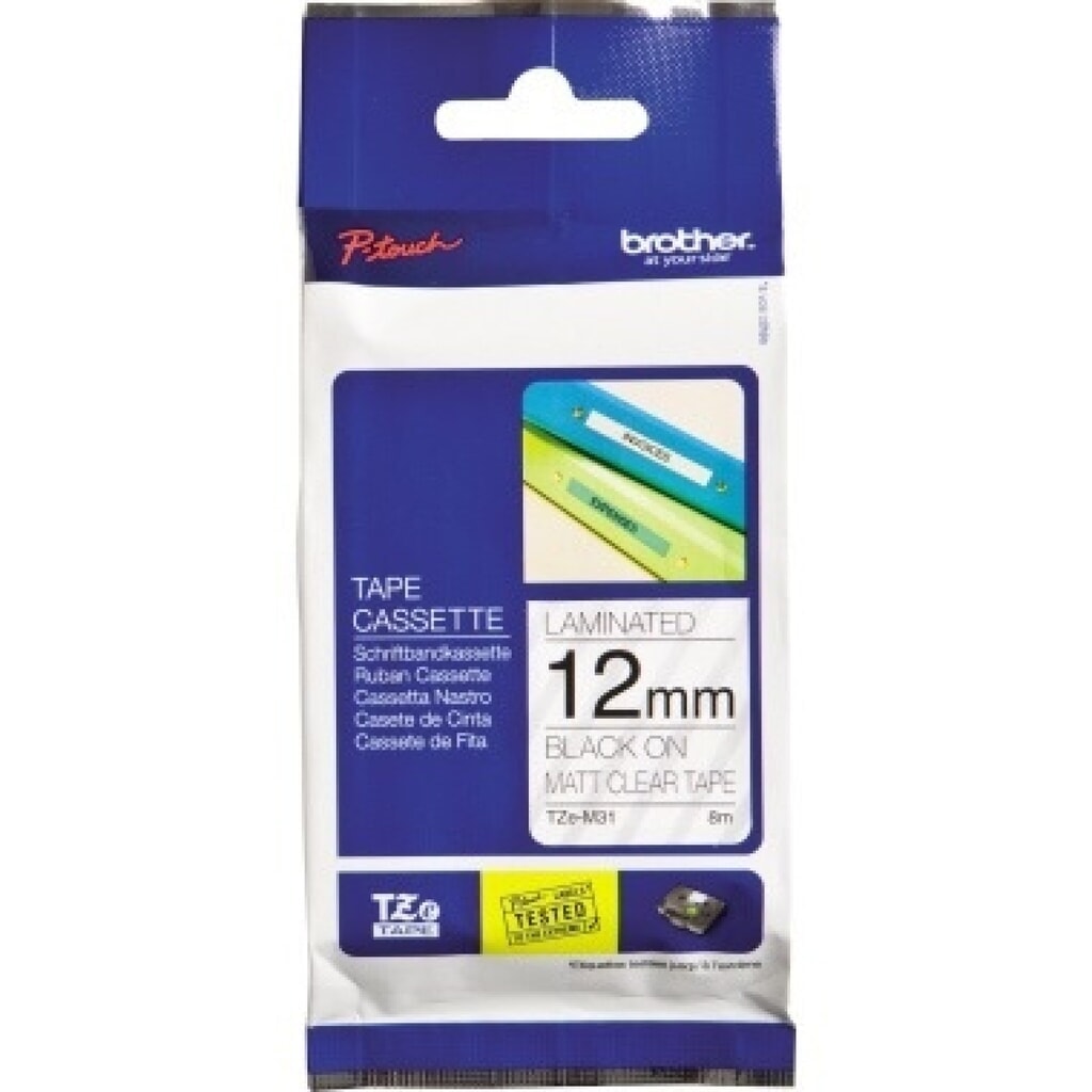 P-touch Schriftbandkassette TZEM31 12mmx8m laminiert sw auf tr Produktabbildung: P-touch Schriftbandkassette TZEM31 12mmx8m laminiert sw auf tr