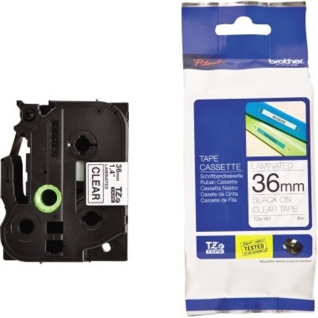 P-touch Schriftbandkassette TZE161 36mmx8m laminiert sw auf fl Produktabbildung: P-touch Schriftbandkassette TZE161 36mmx8m laminiert sw auf fl