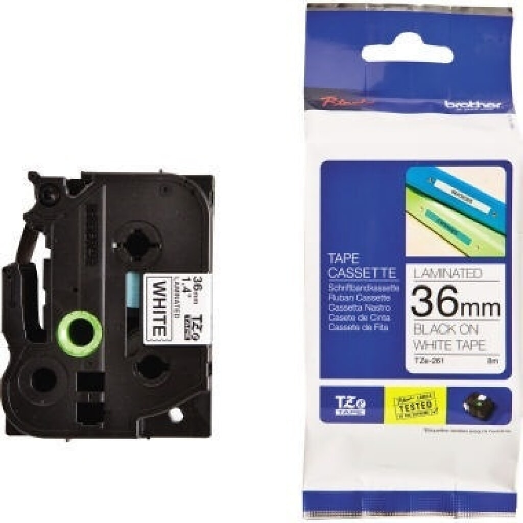 P-touch Schriftbandkassette TZE261 36mmx8m laminiert sw auf ws Produktabbildung: P-touch Schriftbandkassette TZE261 36mmx8m laminiert sw auf ws