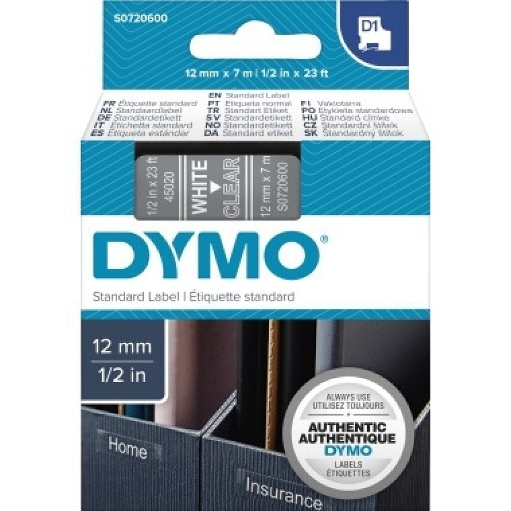 DYMO Schriftbandkassette D1 S0720600 12mmx7m ws auf tr Produktabbildung: DYMO Schriftbandkassette D1 S0720600 12mmx7m ws auf tr