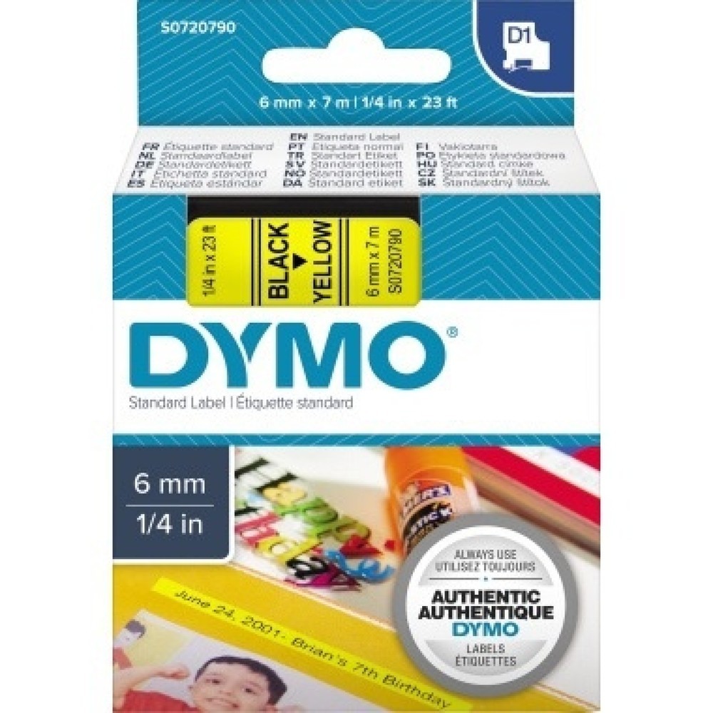 Produktabbildung: DYMO Schriftbandkassette D1 S0720790 6mmx7m schwarz auf gelb
