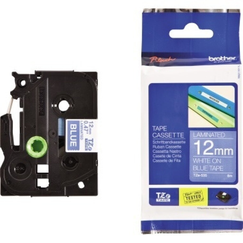 P-touch Schriftbandkassette TZE535 12mmx8m laminiert ws auf bl Produktabbildung: P-touch Schriftbandkassette TZE535 12mmx8m laminiert ws auf bl