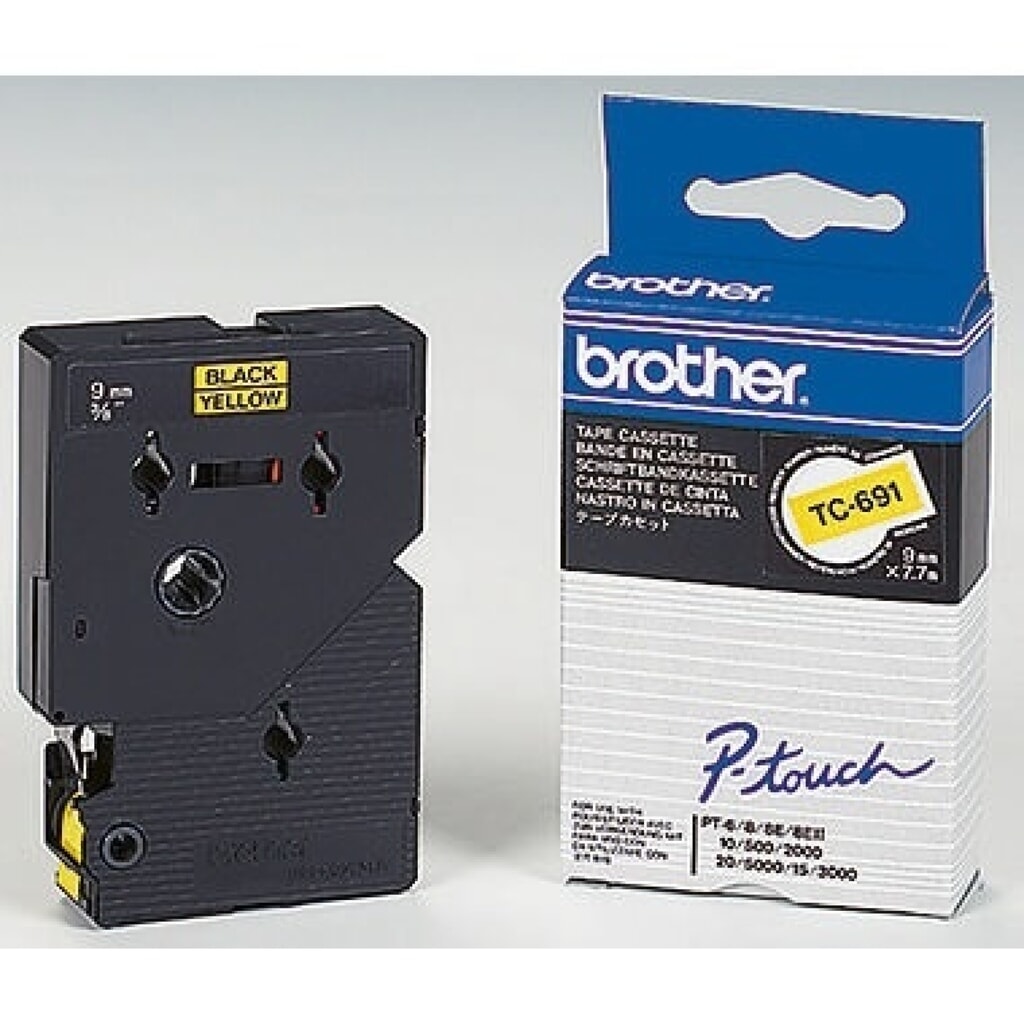 P-touch Schriftbandkassette TC691 9mmx7,7m laminiert sw auf ge Produktabbildung: P-touch Schriftbandkassette TC691 9mmx7,7m laminiert sw auf ge
