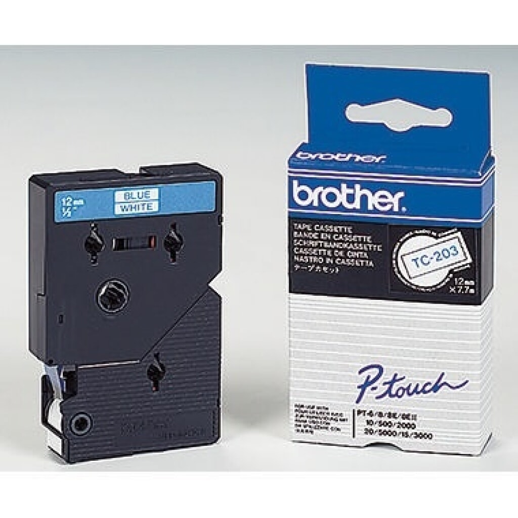 P-touch Schriftbandkassette TC203 12mmx7,7m laminiert bl auf ws Produktabbildung: P-touch Schriftbandkassette TC203 12mmx7,7m laminiert bl auf ws