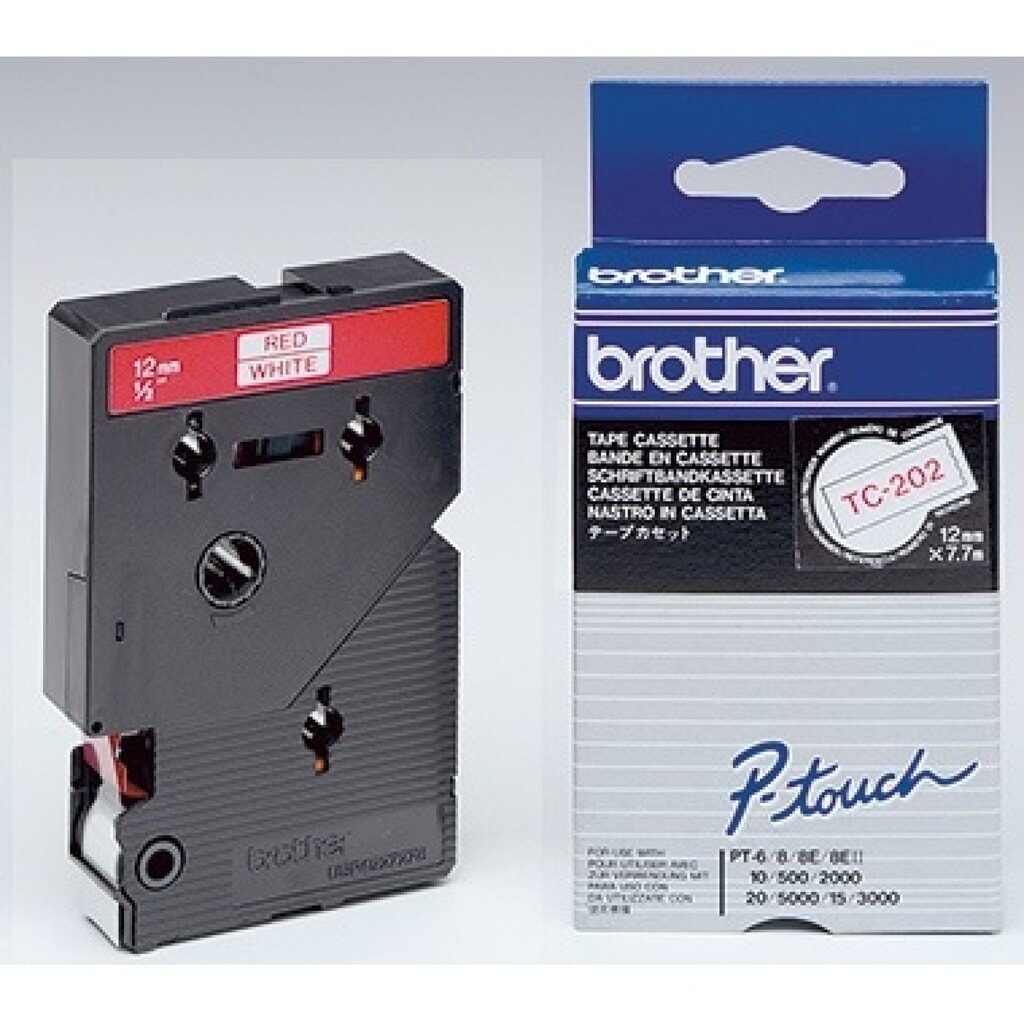 P-touch Schriftbandkassette TC202 12mmx7,7m laminiert rt auf ws Produktabbildung: P-touch Schriftbandkassette TC202 12mmx7,7m laminiert rt auf ws