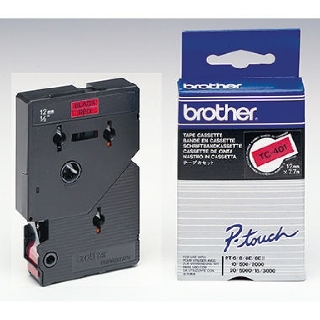 P-touch Schriftbandkassette TC401 12mmx7,7m laminiert sw auf rt Produktabbildung: P-touch Schriftbandkassette TC401 12mmx7,7m laminiert sw auf rt