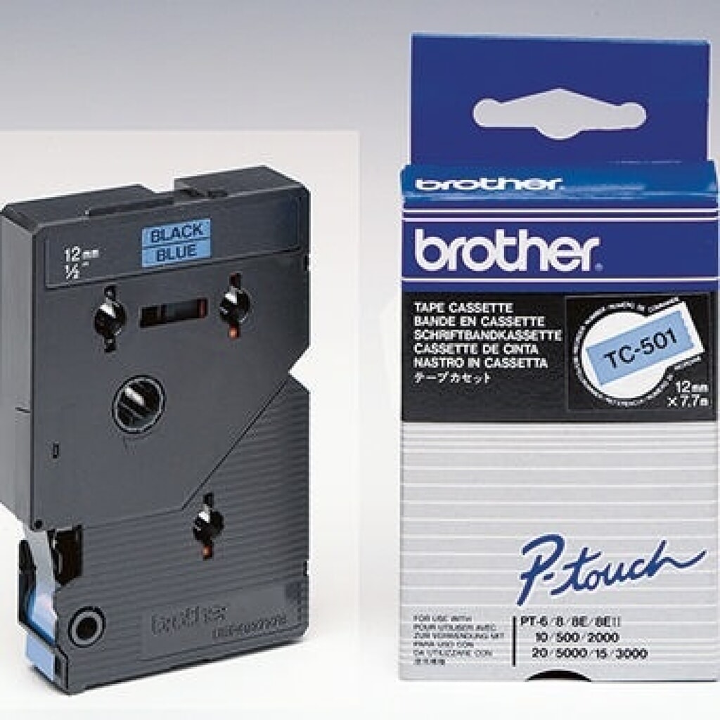 P-touch Schriftbandkassette TC501 12mmx7,7m laminiert sw auf bl Produktabbildung: P-touch Schriftbandkassette TC501 12mmx7,7m laminiert sw auf bl