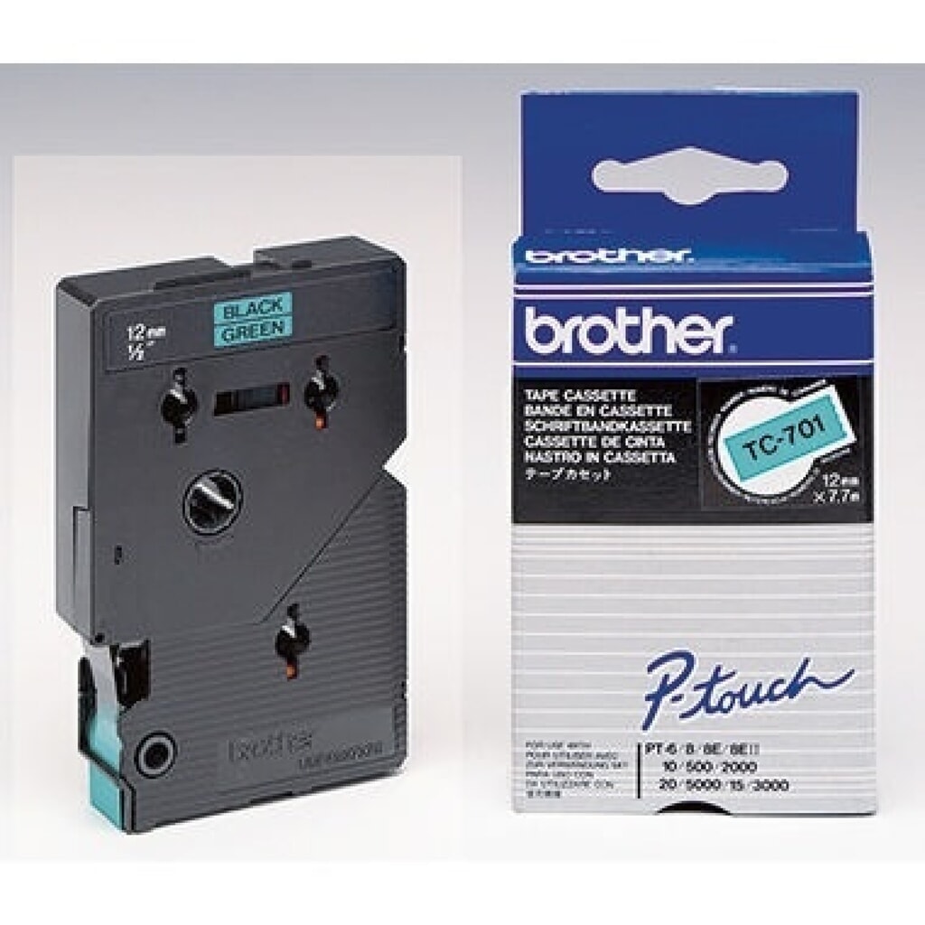 P-touch Schriftbandkassette TC701 12mmx7,7m laminiert sw auf gn Produktabbildung: P-touch Schriftbandkassette TC701 12mmx7,7m laminiert sw auf gn