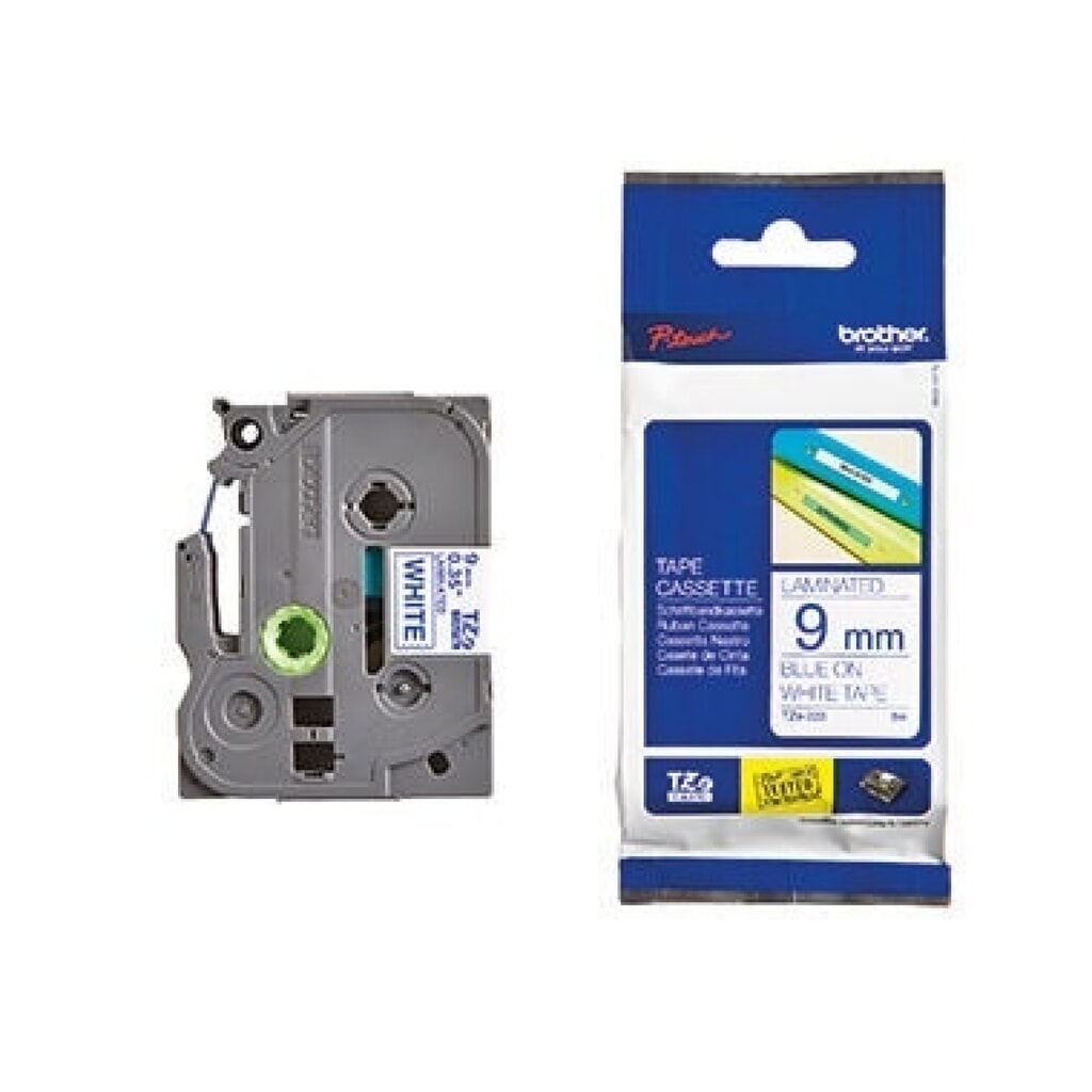 P-touch Schriftbandkassette TZE223 9mmx8m laminiert bl auf ws Produktabbildung: P-touch Schriftbandkassette TZE223 9mmx8m laminiert bl auf ws