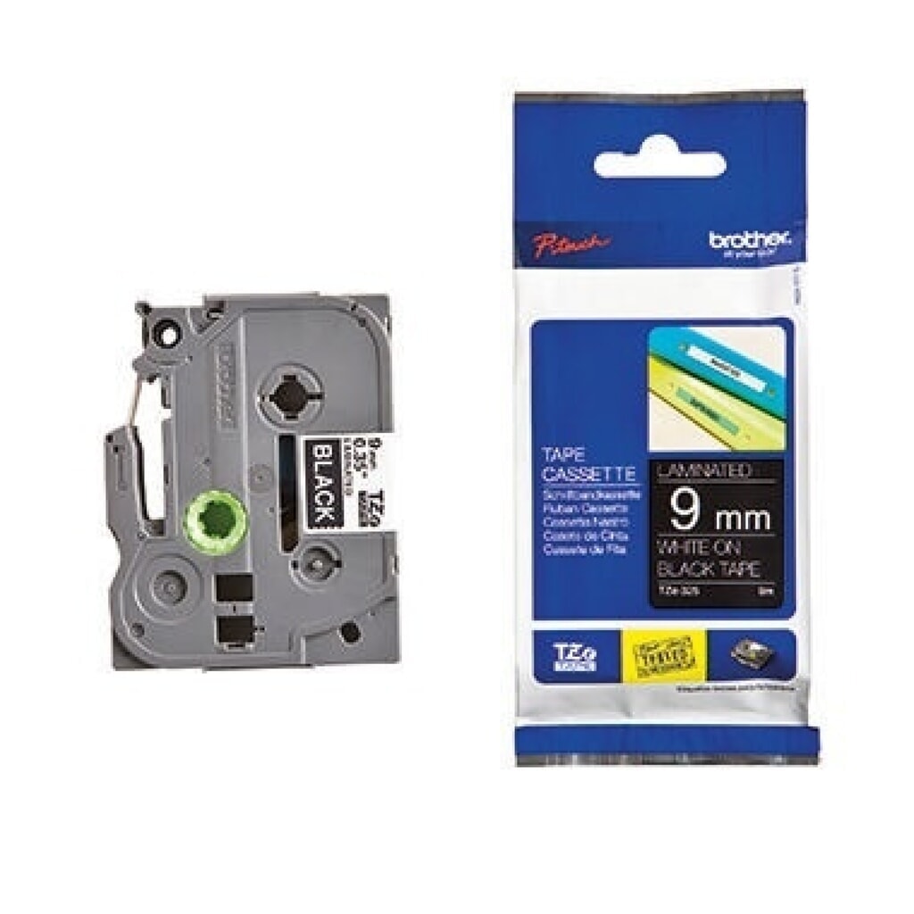 P-touch Schriftbandkassette TZE325 9mmx8m laminiert ws auf sw Produktabbildung: P-touch Schriftbandkassette TZE325 9mmx8m laminiert ws auf sw