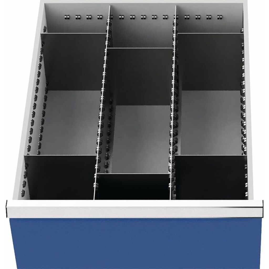 Schubladenunterteilungsmaterial, 2 Längs-/6 Querteiler, Fronthöhe 200 mm, Schubladenbreite 450 mm Produktabbildung: Schubladenunterteilungsmaterial, 2 Längs-/6 Querteiler, Fronthöhe 200 mm, Schubladenbreite 450 mm