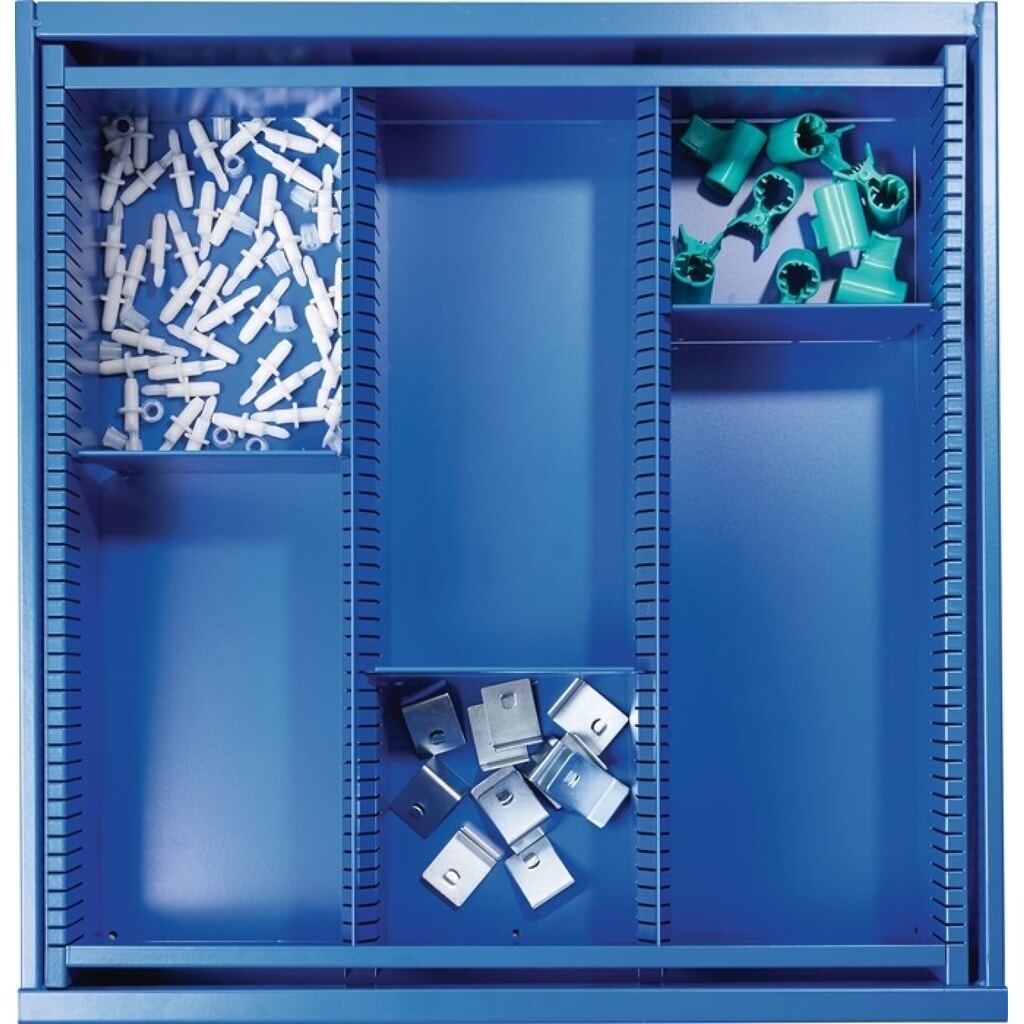 Schubladenunterteilungsmaterial BK 600, 2 Längs-/3 Querteiler, Fronthöhe 140 mm Produktabbildung: Schubladenunterteilungsmaterial BK 600, 2 Längs-/3 Querteiler, Fronthöhe 140 mm