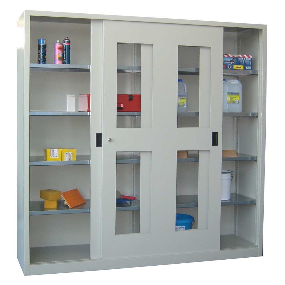 Productafbeelding nr. 2: Schuifdeurkast PAVOY met kijkvensters, 8 legborden + scheidingswand, hxbxd 1.950 x 2.000 x 400 mm, gentiaanblauw, lichtgrijs